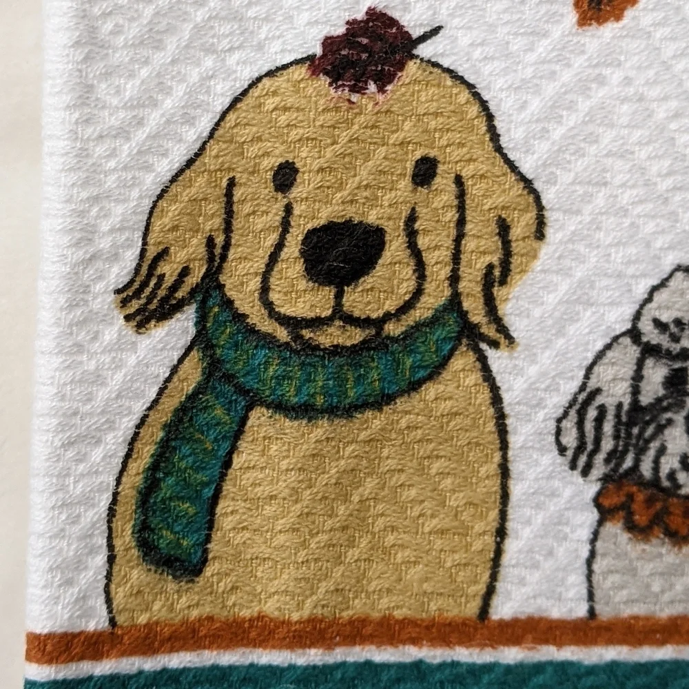 Dog Print Fall Autumn Leaves Theme Kitchen Towel Set Of Two White Multi NWT